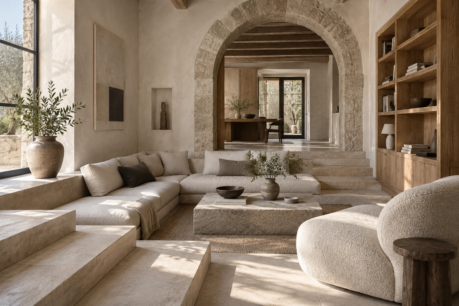 Visualización conceptual generada con IA de un interior residencial sereno con piedra natural, madera y luz suave